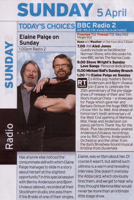 Elaine Paige April 5 Radio Show Ad Elaine Paige April 5 Radio Show Ad